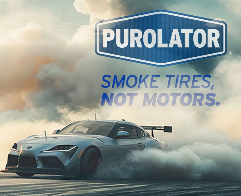 Muscle car drifting on track, intense speed and smoke effects Purolator: Smoke tires, not motors.
