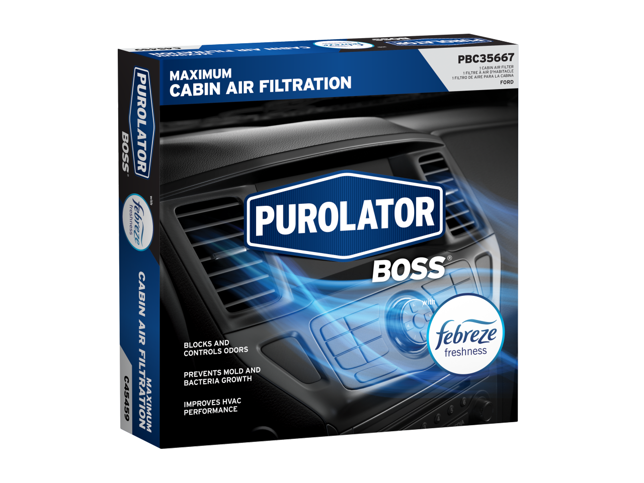 Los filtros de aire de cabina premium PurolatorBOSS® con Frescura Febreze bloquean y controlan los olores evitando a la vez el crecimiento de moho y bacterias.