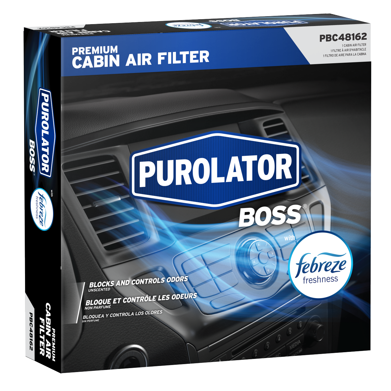 Les filtres à air d’habitacle PurolatorBOSS® Maximum avec Febreze Freshness bloquent et contrôlent les contaminants nocifs.
