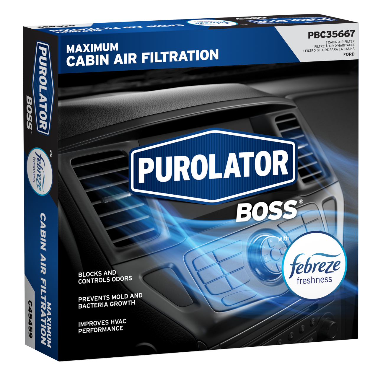 Los filtros de aire de cabina PurolatorBOSS® Maximum con Frescura Febreze bloquean y controlan los contaminantes nocivos.