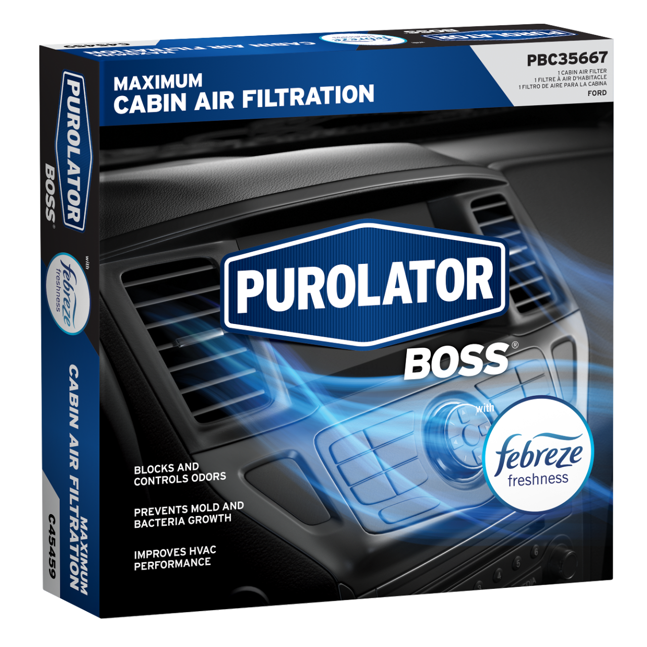 Los filtros de aire de cabina PurolatorBOSS® Maximum con Frescura Febreze bloquean y controlan los contaminantes nocivos.