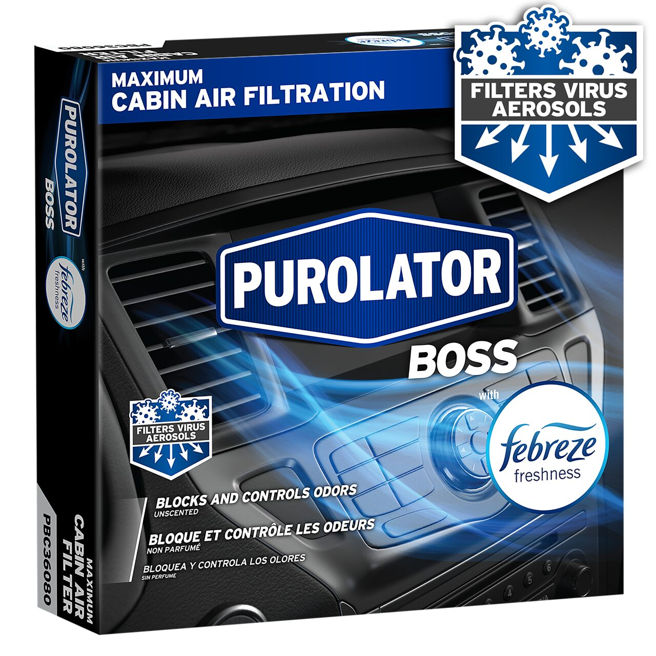 PurolatorBOSS® Premium Cabin Air Filters with Febreze Freshness block and control odors while preventing mold and bacteria growth.