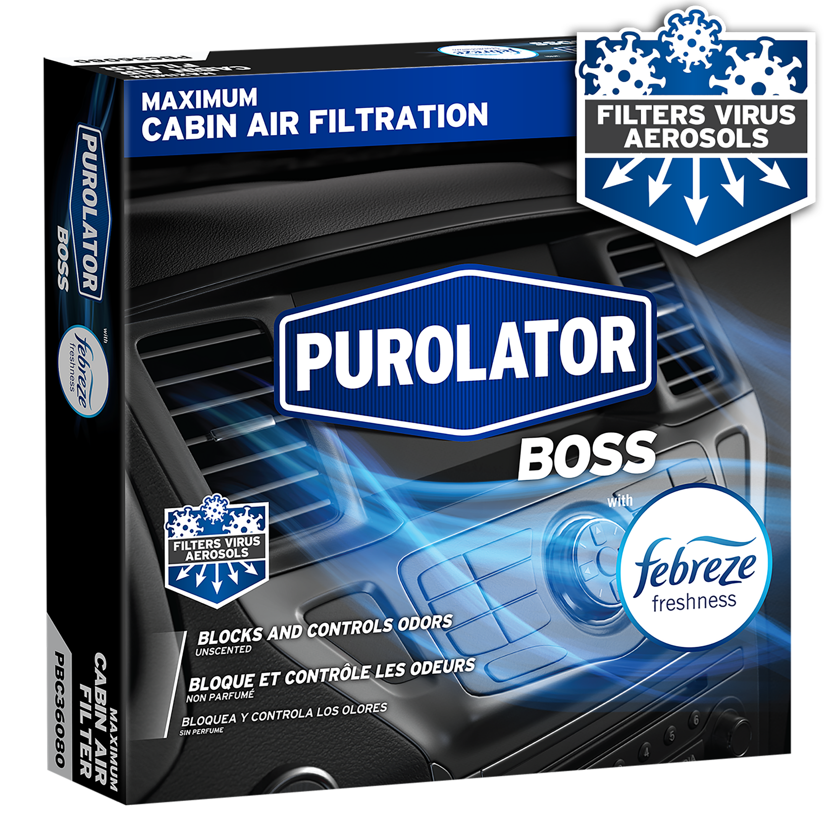 PurolatorBOSS® Premium Cabin Air Filters with Febreze Freshness block and control odors while preventing mold and bacteria growth.